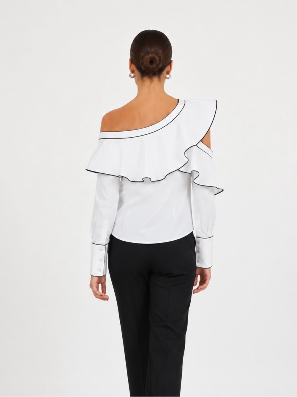 Self-Portrait White Button-Down Ruffle Shirt with Black Trim - Picture 7 of 10